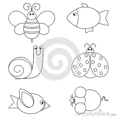 Illustration of coloring book set with animals for small kids Vector Illustration