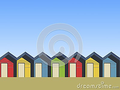 Illustration Of Colourful Beach Huts beneath A Clear Blue Sky Stock Photo