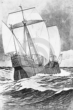 Illustration of Columbus sailing the Atlantic Stock Photo