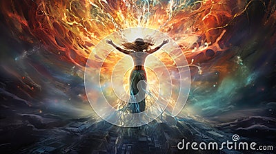 Illustration Combines Spiritual Concepts in a Whirlwind of Light and Color, Depicting a Clash Stock Photo