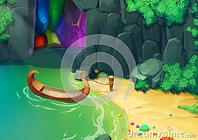 Illustration: Coming to the Gem Cave by a little boat. Stock Photo