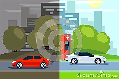 Comparison between electric environmentally friendly and gas polluting car. Stock Photo