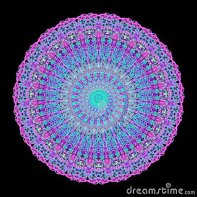 Illustration, complex mandala style radial rendering, abstract lace flowers in blue and purple tones Stock Photo