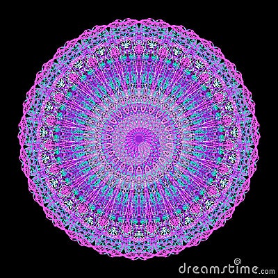 Illustration, complex mandala style radial rendering, abstract lace flowers in blue and purple tones Cartoon Illustration