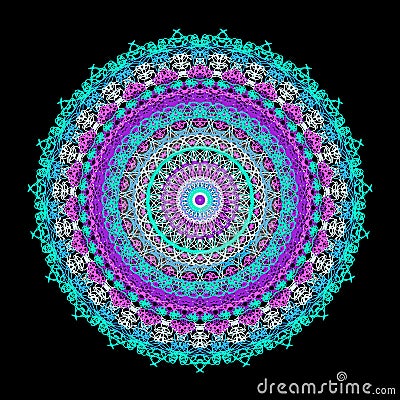 Illustration, complex mandala style radial rendering, abstract lace flowers in blue and purple tones Stock Photo