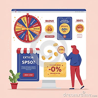 Illustration of a computer screen displaying a promotional game interface with Stock Photo
