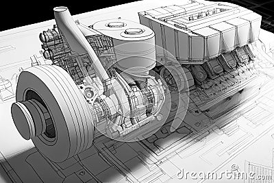 An Illustration of the concept of automotive engineering drawing, Humanly enhanced AI-Generated image Stock Photo