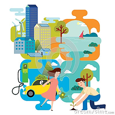 Illustration concept of Green City, people live in eco friendly life style, clean environment and electric vehicle Vector Illustration