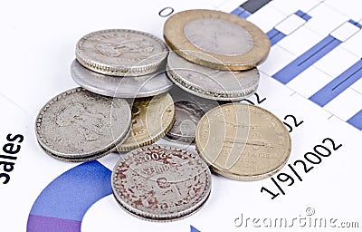 Concept of a heap of coins on a financial report Stock Photo