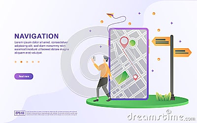 Illustration concept of navigation with a person walking while holding a cellphone Vector Illustration