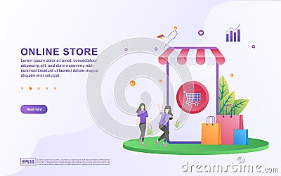 Illustration concept of online store with the cart button on the smartphone screen Vector Illustration