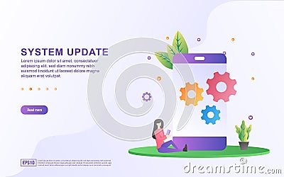 Illustration concept of system update with gears and updating on screen Vector Illustration