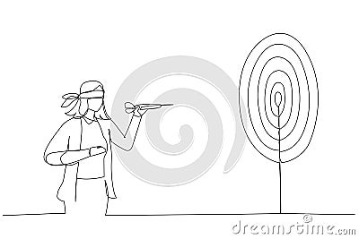 Illustration of confused businesswoman blindfold throwing dart. Metaphor for unclear target or blind business vision, leadership Vector Illustration