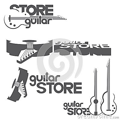 an illustration consisting of four different images of guitars with the inscription `guitar store` Cartoon Illustration