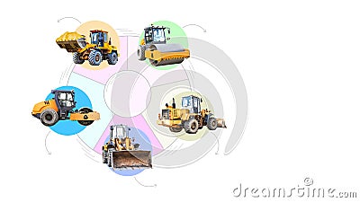 Illustration of construction equipment in the form of infographics. Powerful vibratory roller and loader. Road construction Stock Photo