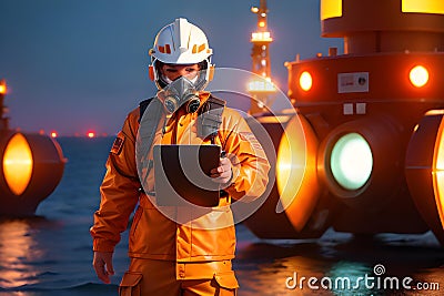 Illustration of oil platform worker wearing safety helm and vest Stock Photo