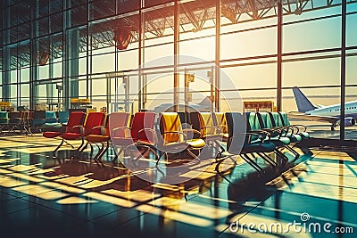 Illustration of contemporary waiting area in airport. Waiting hall with multiple rows of seats and reflections indoors Stock Photo