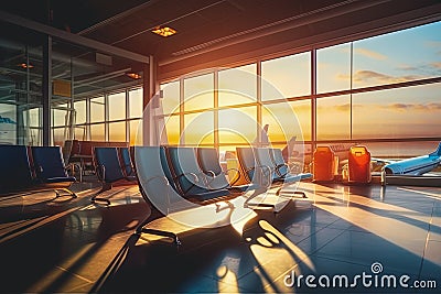 Illustration of contemporary waiting area in airport. Waiting hall with multiple rows of seats and reflections indoors Stock Photo