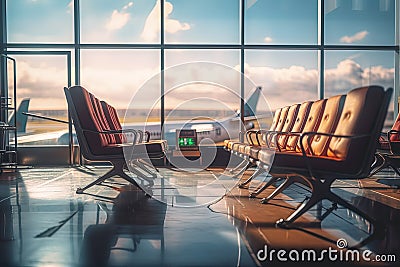 Illustration of contemporary waiting area in airport. Waiting hall with multiple rows of seats and reflections indoors Stock Photo