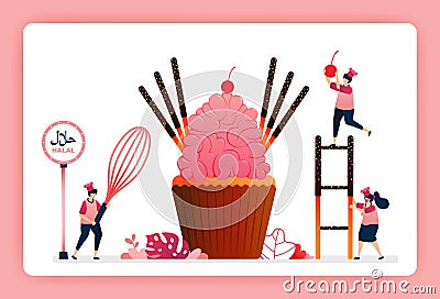 Illustration of cook halal sweet strawberry cupcakes. Pink sugar icing with chocolate cake sticks and candy. Design can use for Vector Illustration