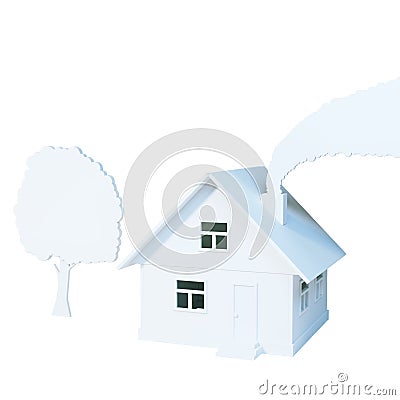 Illustration of cool detailed house with tree and smoke isolated Stock Photo