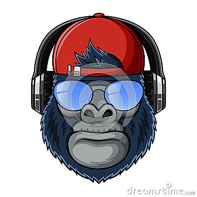 Cool Mascot gorillas with hat, glasses and headphone Vector Illustration
