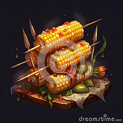 Illustration, corn cobs impaled on toothpicks, seasoned, on wooden kitchen board, uniform dark background. Corn as a dish of Vector Illustration