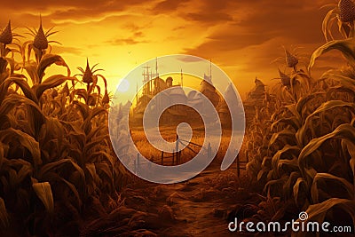 Illustration of a corn field at sunset with the silhouette of the temple, Recreation artistic of maizefield with maize plants at Stock Photo