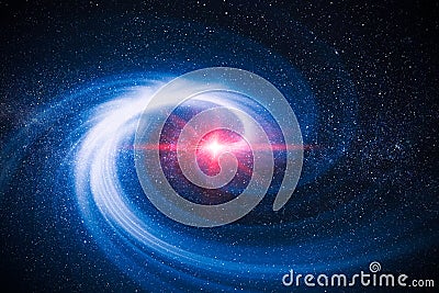 Illustration of cosmic rays and dust light from in the galaxy spinning spiral in to center of universe Stock Photo