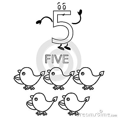 Number Five Counting and Colouring Pages Birds Stock Photo