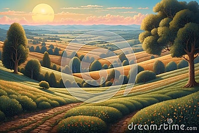 Illustration of countryside landscape in pointillism style Stock Photo