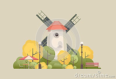 Illustration countryside windmill among trees Vector Illustration