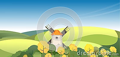 Illustration countryside windmill among trees Vector Illustration