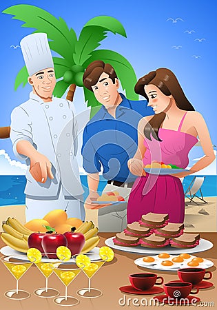 illustration of a couple going to eat relaxing on beach vacation Cartoon Illustration