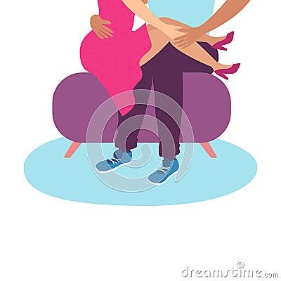 Illustration of a couple in love girlfriend and boyfriend cuddling on a ottoman over his shoulders Stock Photo