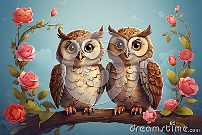 Illustration of couple of owls in love Stock Photo