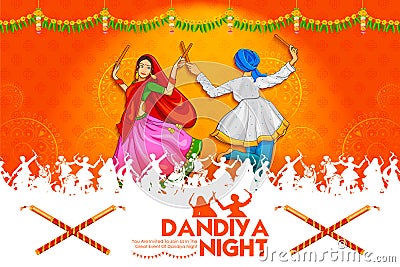 Couple playing Dandiya in disco Garba Night poster for Navratri Dussehra festival of India Vector Illustration