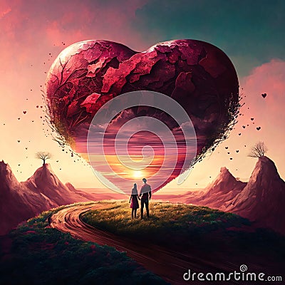 Illustration of a couple standing at the top of a mountain in front of a large abstract cracked heart. Heart as a symb Stock Photo