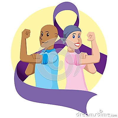 Illustration couple in support of cancer prevention. purple bow World Cancer Day. ideal for educational Vector Illustration