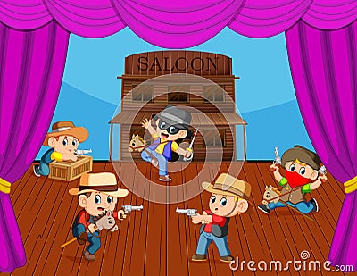 Cowboy kids on stage with acting Vector Illustration