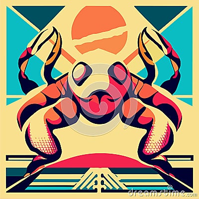 illustration of a crab in a retro style on a yellow background Generative AI Vector Illustration