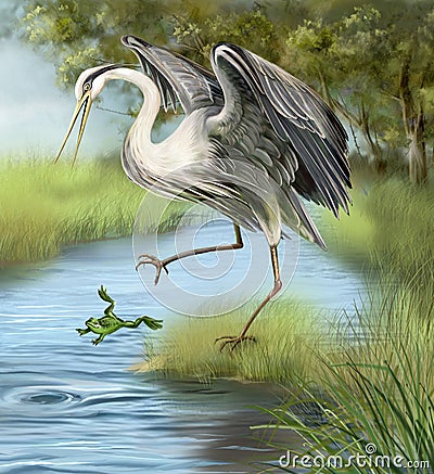 Illustration, crane hunting a frog in the water. Stock Photo