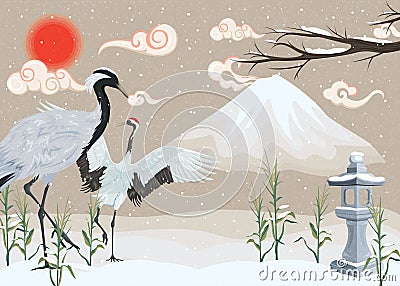 Illustration with cranes on snowy background Vector Illustration