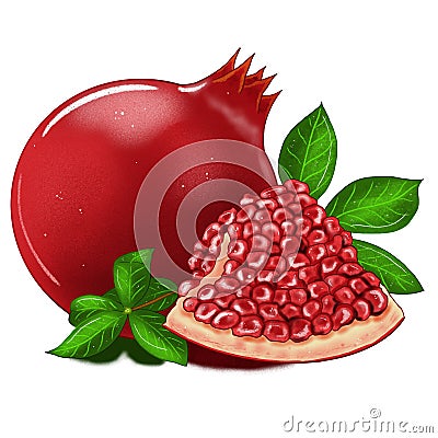 Big red pomegranate with green leaves Stock Photo