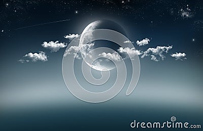 An illustration of a cresent moon in the centre lighting up a few of clouds at night Cartoon Illustration