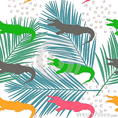 Silhouette crocodile and palm leaves Stock Photo