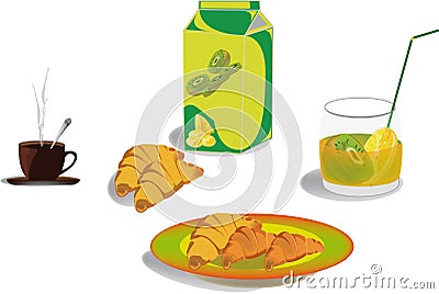 Illustration of croissants a cup of coffee and a glass of kiwi and lemon juice with straw Cartoon Illustration