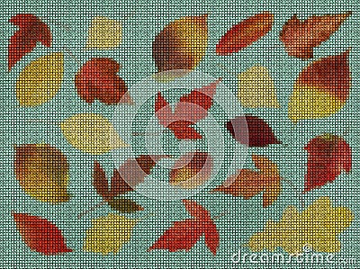 Illustration. The cross-stitch background of leaves. Set of autumn maple leaves. Floral background, collage. The texture of the Stock Photo