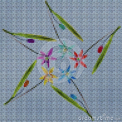 Illustration. Cross-stitch. Bluebell, scilla, primroses flowers. Texture of flowers. Seamless pattern for continuous replicate. Stock Photo