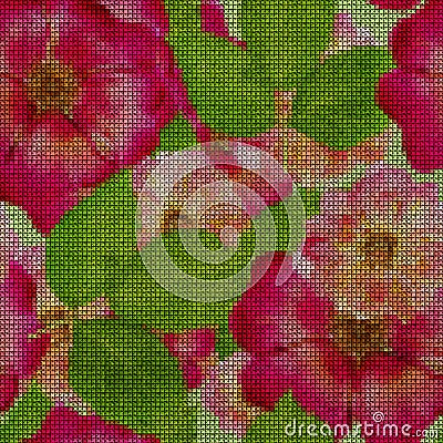 Illustration. Cross-stitch. Briar, wild rose, dog-rose. Seamless Stock Photo